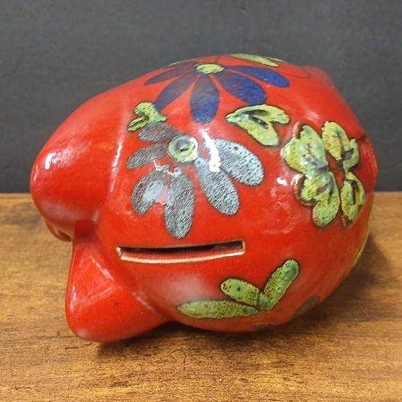 Vintage Stoneware Piggy Bank Glazed Floral Coin Container - Picture 8 of 10